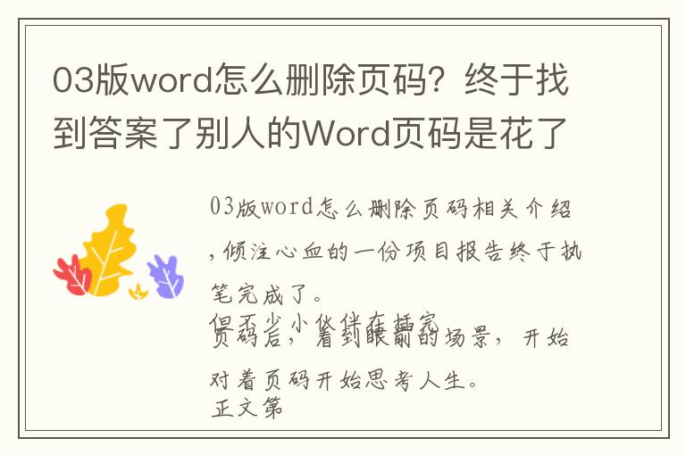 03版word怎么删除页码?终于找到答案了别人的Word页码是花了一小时做好的,而我只用了三分钟