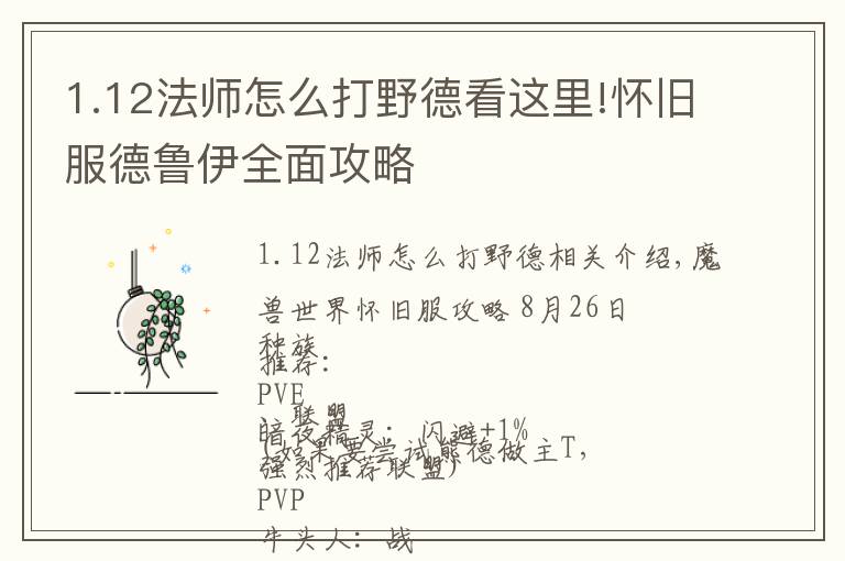 1.12法师怎么打野德看这里!怀旧服德鲁伊全面攻略