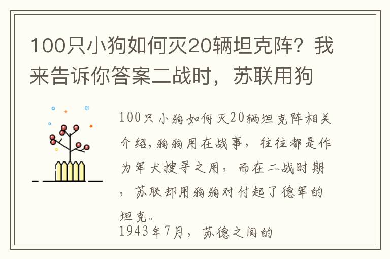 100只小狗如何灭20辆坦克阵？我来告诉你答案二战时，苏联用狗狗对付德军坦克，效果还真明显
