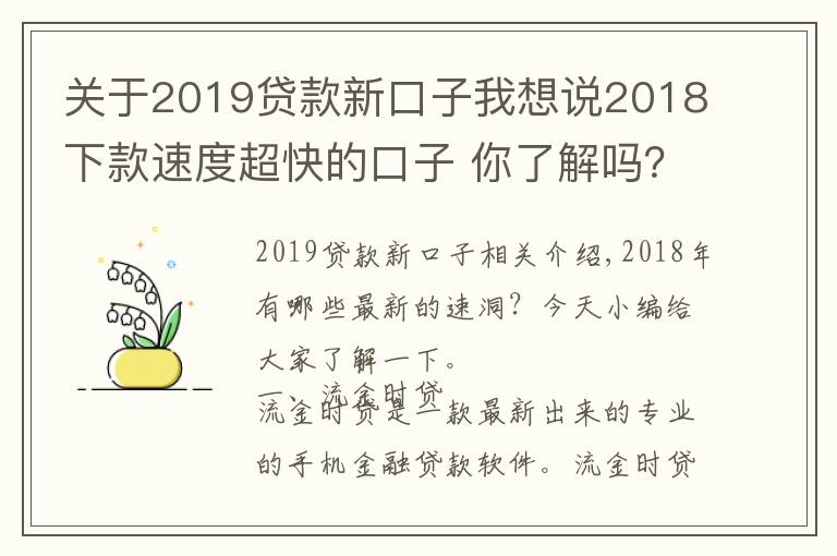 关于2019贷款新口子我想说2018下款速度超快的口子 你了解吗？