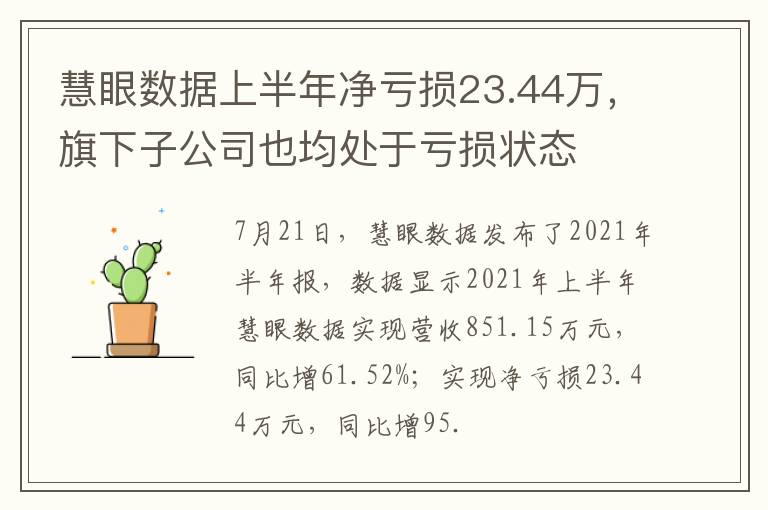慧眼数据上半年净亏损23.44万,旗下子公司也均处于亏损状态