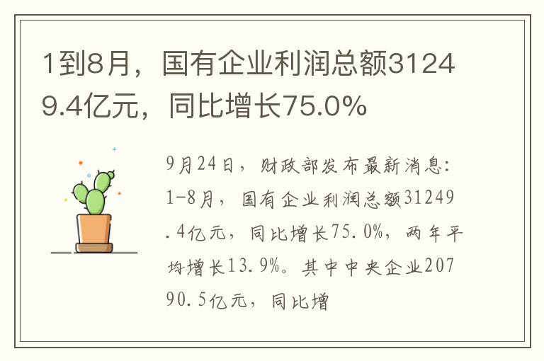 1到8月,国有企业利润总额31249.4亿元,同比增长75.0%