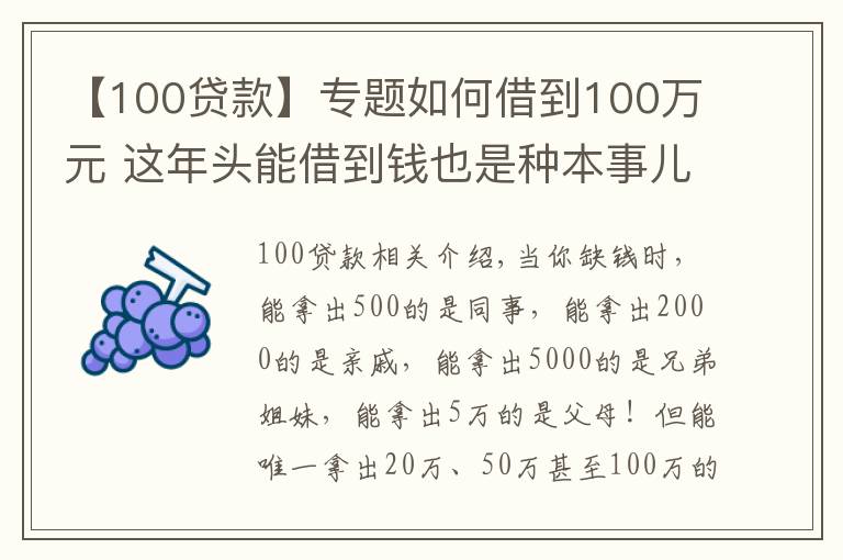 【100贷款】专题如何借到100万元 这年头能借到钱也是种本事儿
