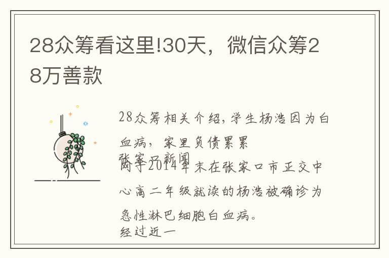 28众筹看这里!30天，微信众筹28万善款