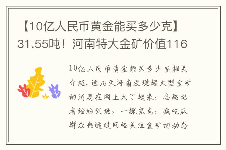 【10亿人民币黄金能买多少克】31.55吨!河南特大金矿价值116亿,金价会因此暴跌吗?