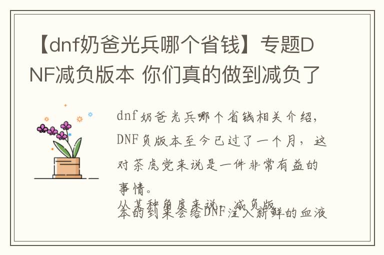 【dnf奶爸光兵哪个省钱】专题DNF减负版本 你们真的做到减负了吗？