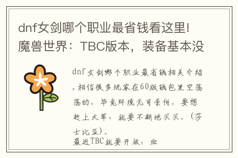 dnf女剑哪个职业最省钱看这里!魔兽世界:TBC版本,装备基本没有便宜的,想捡漏很难