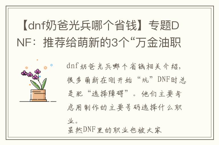 【dnf奶爸光兵哪个省钱】专题DNF:推荐给萌新的3个“万金油职业”,不氪金能打团,搬砖还快!