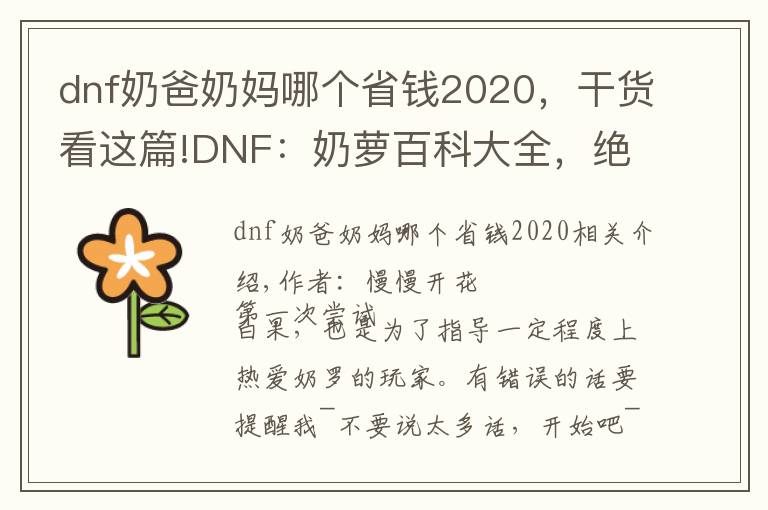 dnf奶爸奶妈哪个省钱2020,干货看这篇!DNF:奶萝百科大全,绝对有你想要的