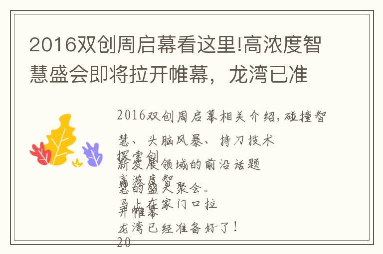 2016双创周启幕看这里!高浓度智慧盛会即将拉开帷幕,龙湾已准备好!