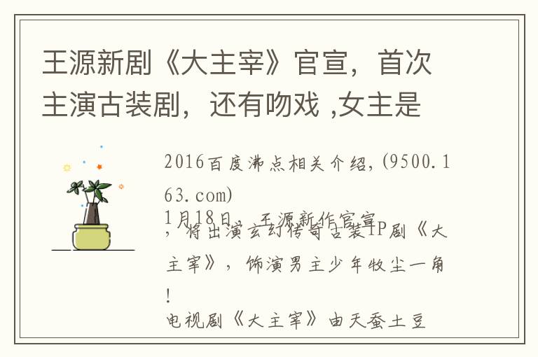 王源新剧《大主宰》官宣,首次主演古装剧,还有吻戏 ,女主是谁?