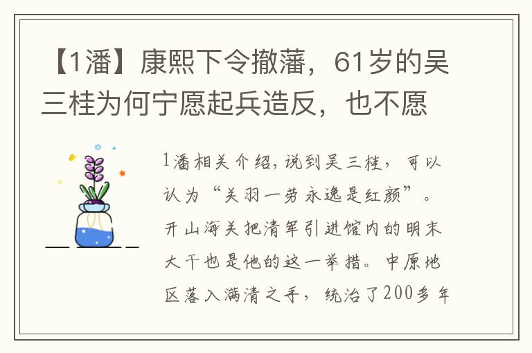 【1潘】康熙下令撤藩，61岁的吴三桂为何宁愿起兵造反，也不愿做富家翁？