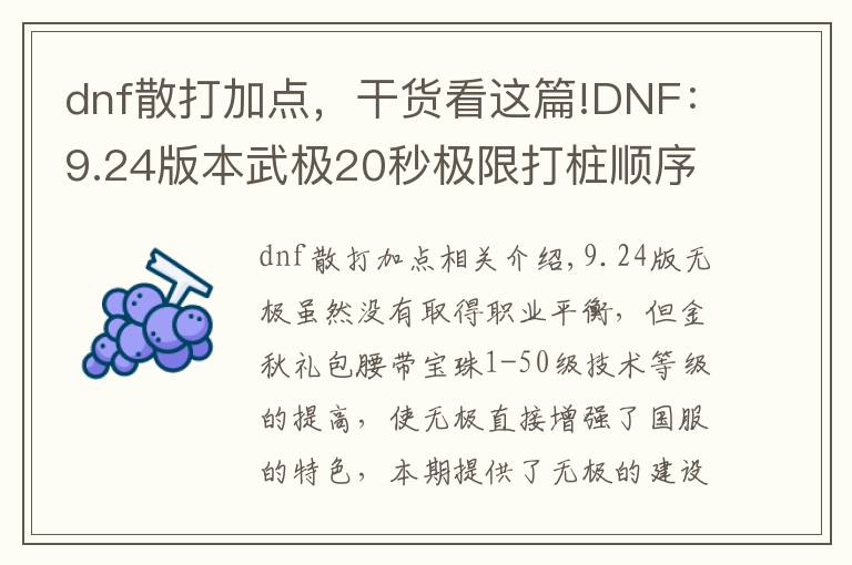 dnf散打加点,干货看这篇!DNF:9.24版本武极20秒极限打桩顺序,普雷装备选择和加点分析