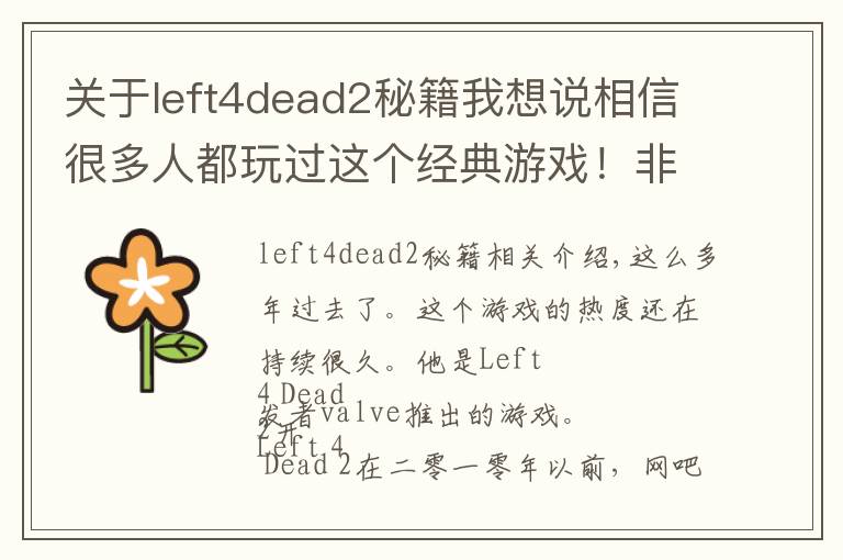 关于left4dead2秘籍我想说相信很多人都玩过这个经典游戏!非常的有意思