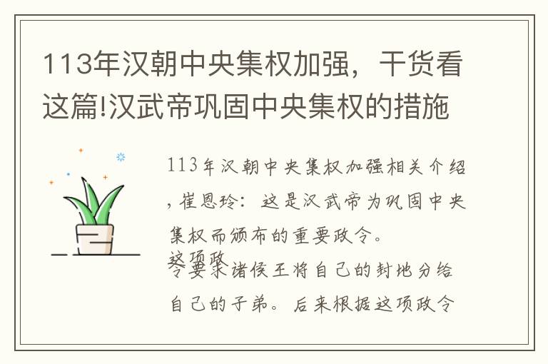 113年汉朝中央集权加强,干货看这篇!汉武帝巩固中央集权的措施对现在有什么借鉴意义