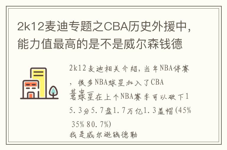 2k12麦迪专题之CBA历史外援中,能力值最高的是不是威尔森钱德勒?