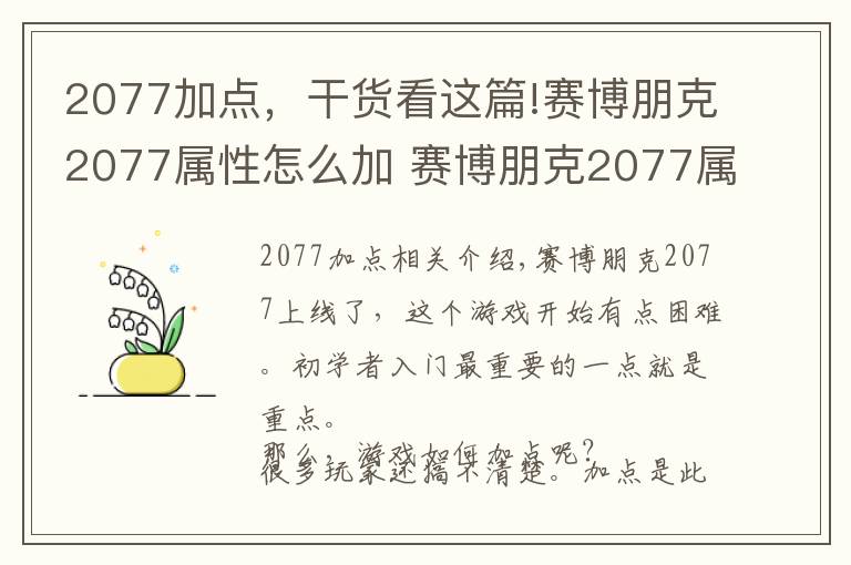 2077加点,干货看这篇!赛博朋克2077属性怎么加 赛博朋克2077属性技能加点推荐