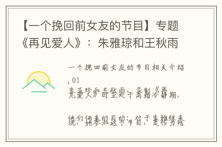 【一个挽回前女友的节目】专题《再见爱人》：朱雅琼和王秋雨的婚姻，还值得挽回吗？