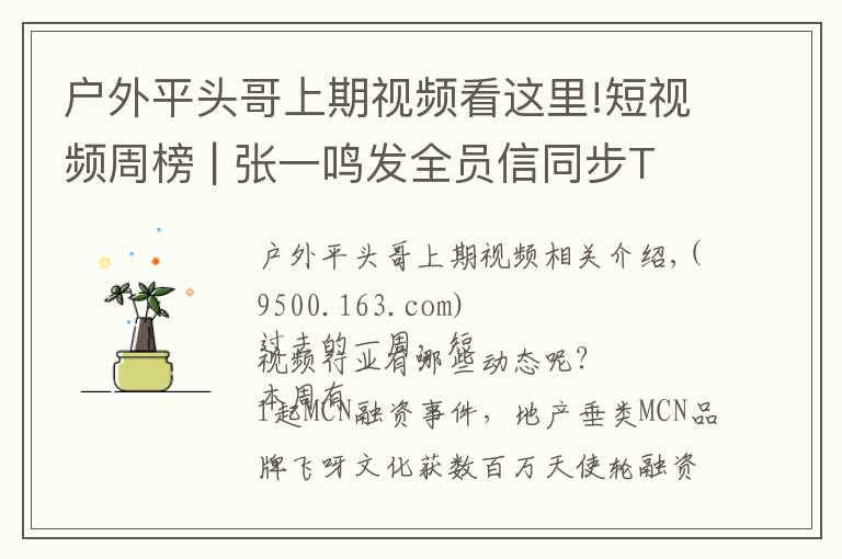 户外平头哥上期视频看这里!短视频周榜 | 张一鸣发全员信同步TikTok进展;抖音最高涨粉415万