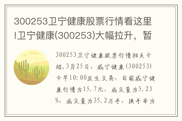 300253卫宁健康股票行情看这里!卫宁健康(300253)大幅拉升，暂报15.7元