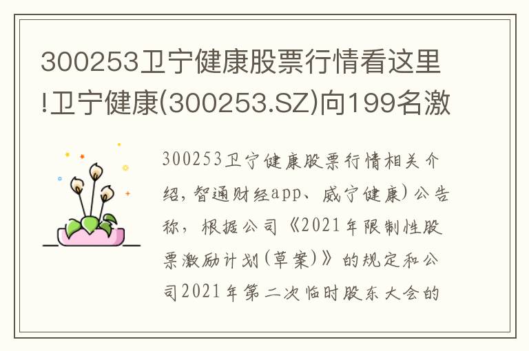 300253卫宁健康股票行情看这里!卫宁健康(300253.SZ)向199名激励对象授予492.26万股限制性股票