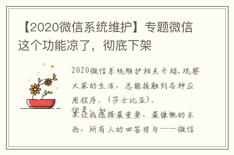【2020微信系统维护】专题微信这个功能凉了,彻底下架