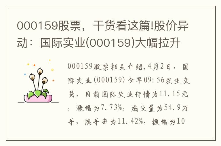 000159股票,干货看这篇!股价异动:国际实业(000159)大幅拉升,暂报11.15元