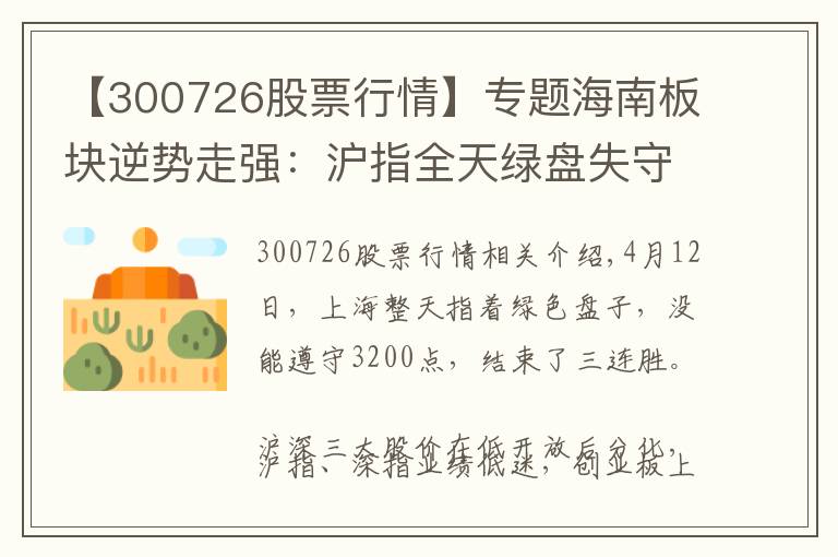 【300726股票行情】专题海南板块逆势走强：沪指全天绿盘失守3200点，结束三连涨