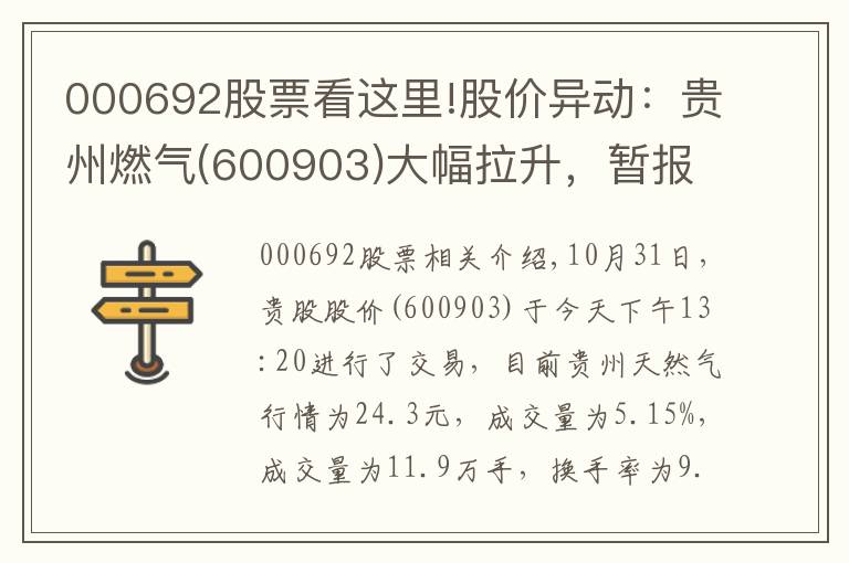 000692股票看这里!股价异动:贵州燃气(600903)大幅拉升,暂报24.3元