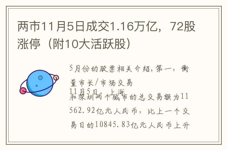 两市11月5日成交1.16万亿,72股涨停(附10大活跃股)