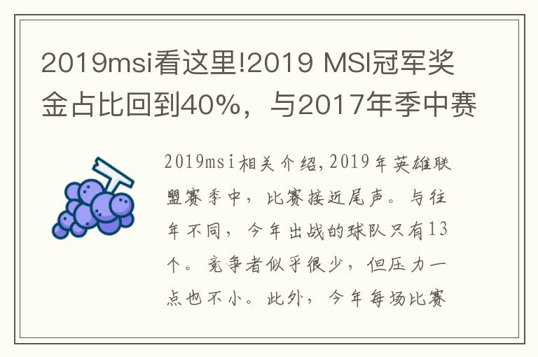 2019msi看这里!2019 MSI冠军奖金占比回到40%，与2017年季中赛数据持平！