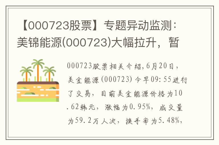 【000723股票】专题异动监测：美锦能源(000723)大幅拉升，暂报10.62元
