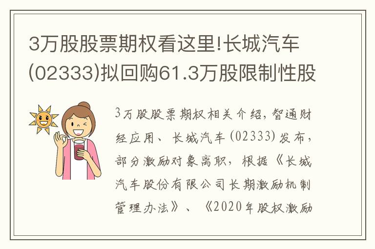 3万股股票期权看这里!长城汽车(02333)拟回购61.3万股限制性股票及注销43.53万份股票期权