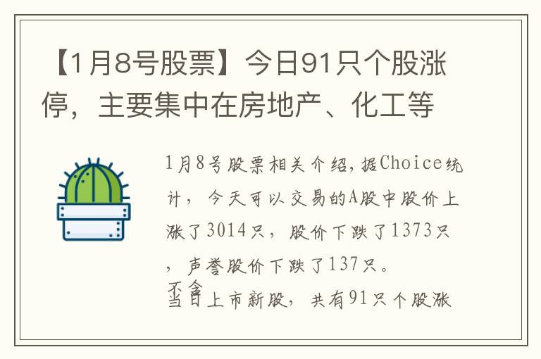 【1月8号股票】今日91只个股涨停,主要集中在房地产、化工等行业