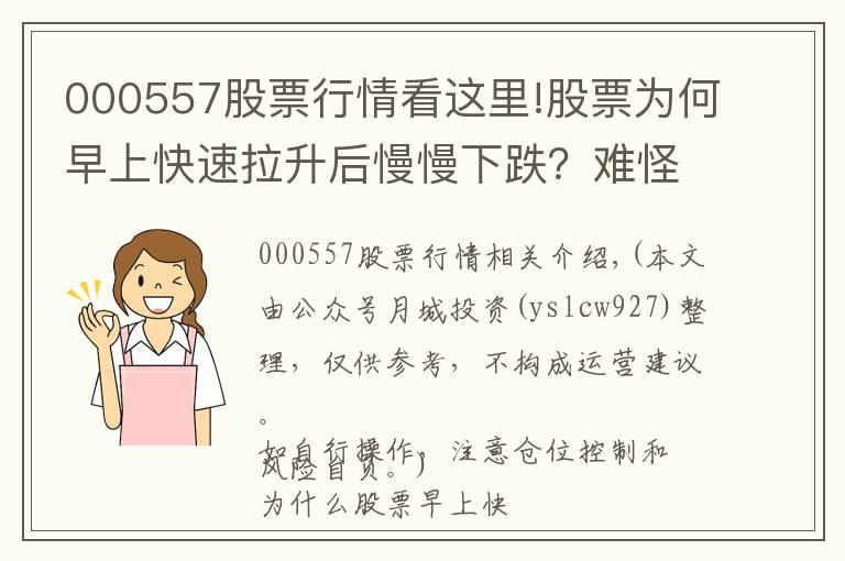 000557股票行情看这里!股票为何早上快速拉升后慢慢下跌？难怪我炒股10年都没赚到钱？原来这只是庄家诱多手法