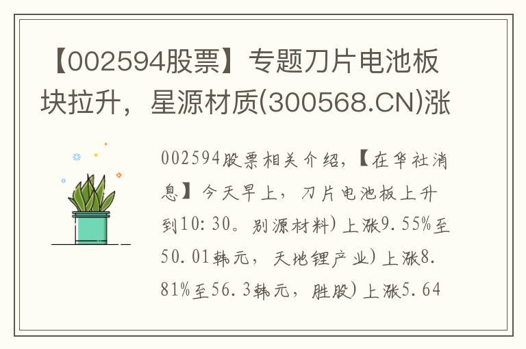 【002594股票】专题刀片电池板块拉升,星源材质(300568.CN)涨9.55%
