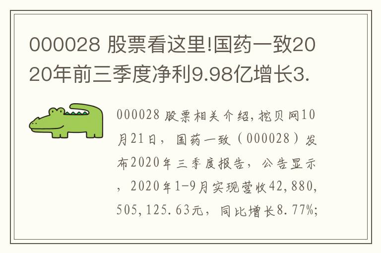 000028 股票看这里!国药一致2020年前三季度净利9.98亿增长3.98% 其他收益同比增加