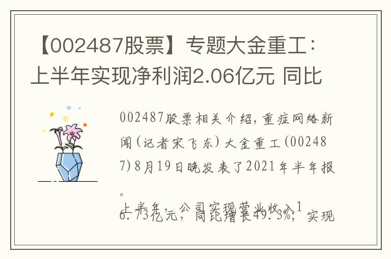 【002487股票】专题大金重工：上半年实现净利润2.06亿元 同比增长28.22%