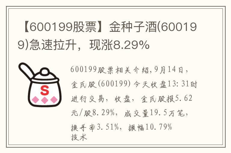 【600199股票】金种子酒(600199)急速拉升,现涨8.29%