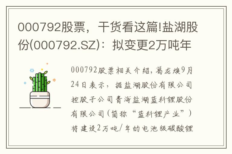 000792股票,干货看这篇!盐湖股份(000792.SZ):拟变更2万吨年电池级碳酸锂项目贷款连带保证责任担保暨关联交易