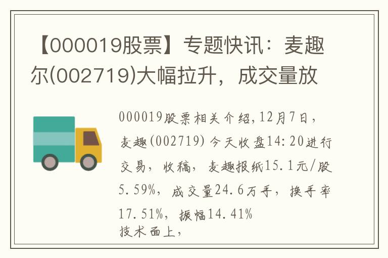 【000019股票】专题快讯:麦趣尔(002719)大幅拉升,成交量放大
