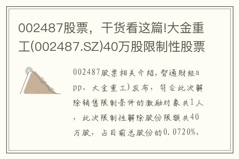 002487股票，干货看这篇!大金重工(002487.SZ)40万股限制性股票将于9月28日上市流通