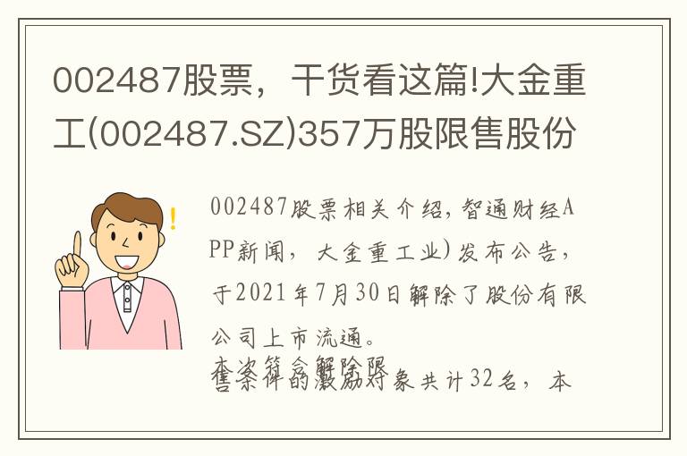 002487股票,干货看这篇!大金重工(002487.SZ)357万股限售股份于7月30日上市流通