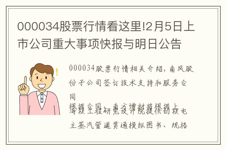 000034股票行情看这里!2月5日上市公司重大事项快报与明日公告提示