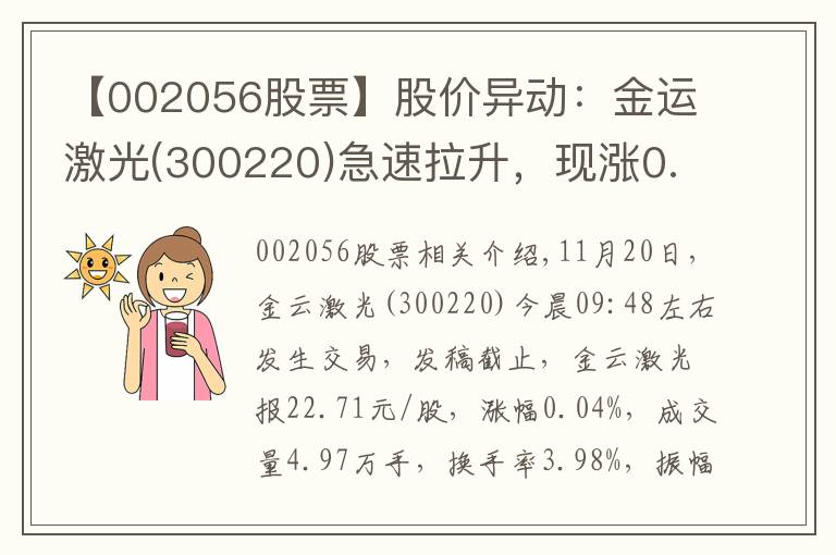 【002056股票】股价异动：金运激光(300220)急速拉升，现涨0.04%
