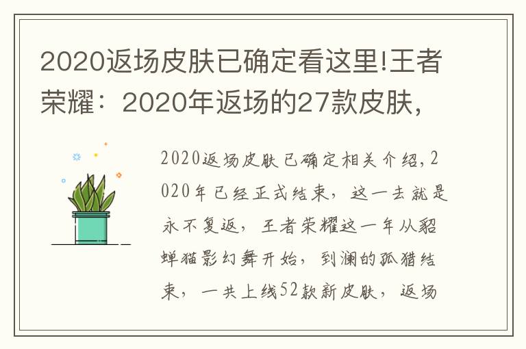 2020返场皮肤已确定看这里!王者荣耀:2020年返场的27款皮肤,这8款你们错过了吗