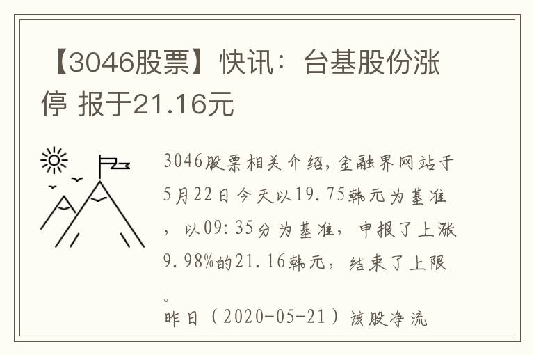 【3046股票】快讯:台基股份涨停 报于21.16元