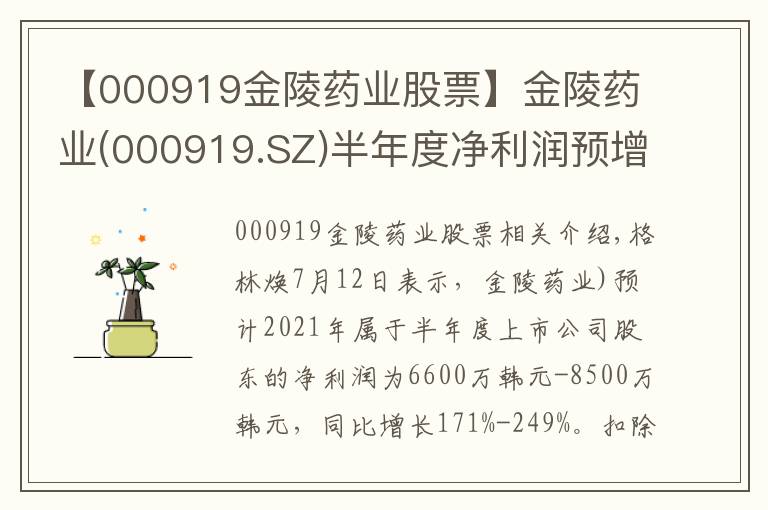 【000919金陵药业股票】金陵药业(000919.SZ)半年度净利润预增171%-249%