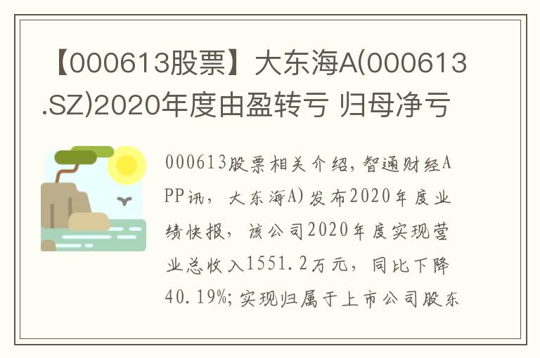 【000613股票】大东海A(000613.SZ)2020年度由盈转亏 归母净亏损为1156.79万元