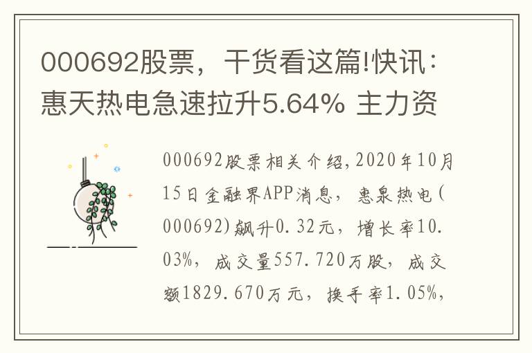 000692股票,干货看这篇!快讯:惠天热电急速拉升5.64% 主力资金净流出43.85万元